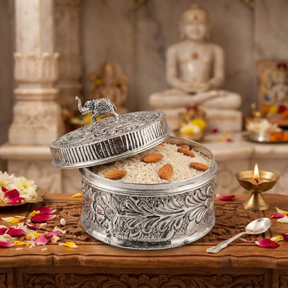 Silver Plated Elephant Knob Round Box with Lid – Handcrafted Embossed Dry Fruit, Roli Chawal & Multipurpose Storage Box