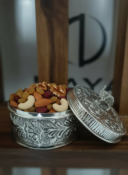 Silver Plated Elephant Knob Round Box with Lid – Handcrafted Embossed Dry Fruit, Roli Chawal & Multipurpose Storage Box