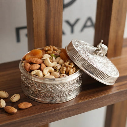 Silver Plated Elephant Knob Round Box with Lid – Handcrafted Embossed Dry Fruit, Roli Chawal & Multipurpose Storage Box