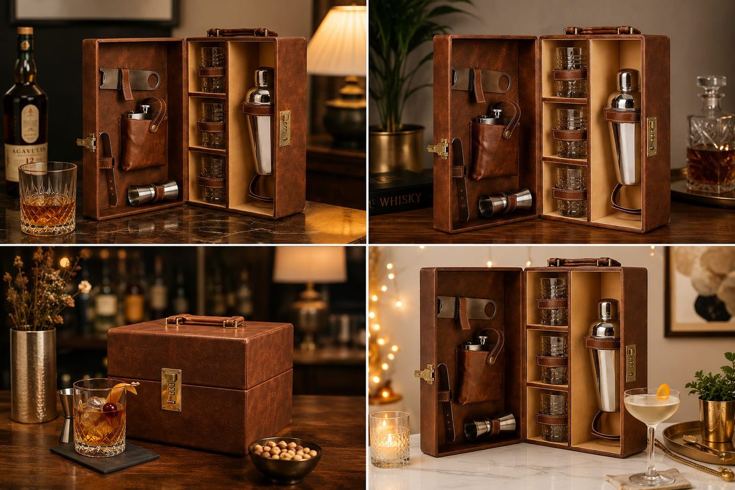 Premium Travel Portable Bar set Brown Leather- 3 glass
