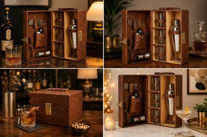 Premium Travel Portable Bar set Brown Leather- 3 glass
