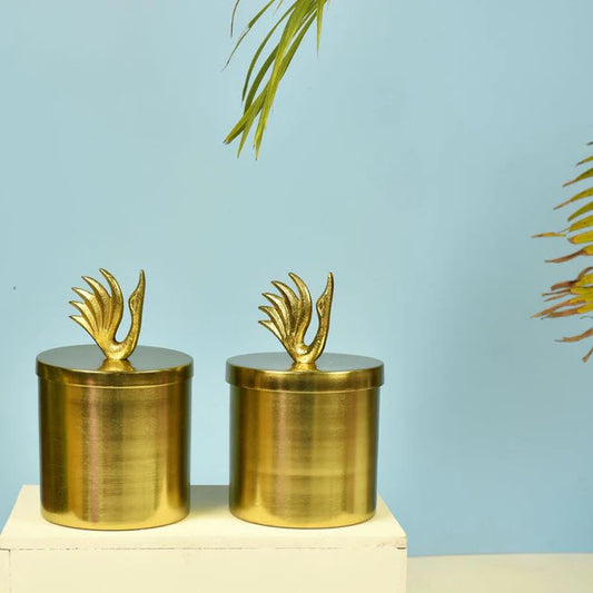 Gold Finish Metal Jars With Swan Lid