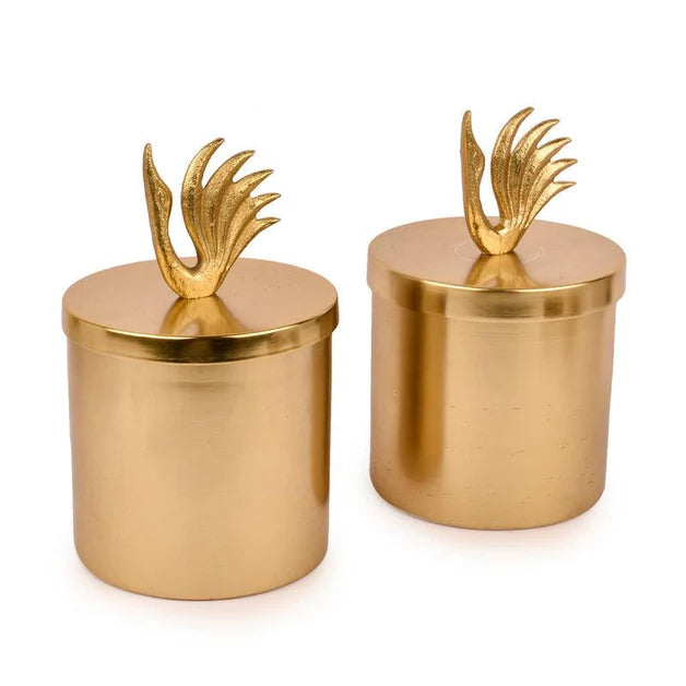 Gold Finish Metal Jars With Swan Lid