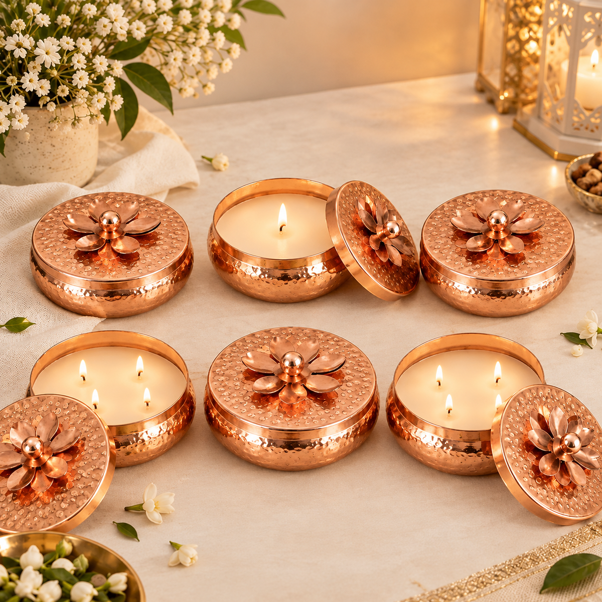 Scented Candles Set of 6 with Floral Lids – Gold Hammered Tins, Festive Gift Set, Copper Finish