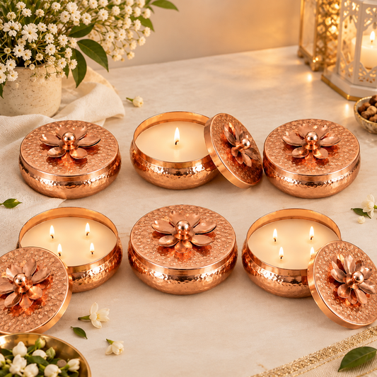 Scented Candles Set of 6 with Floral Lids – Gold Hammered Tins, Festive Gift Set, Copper Finish