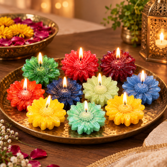 Handmade Daisy Flower Floating Candles – Set of 12 Assorted Colours | Diwali Décor, Gifting & Pooja Candles