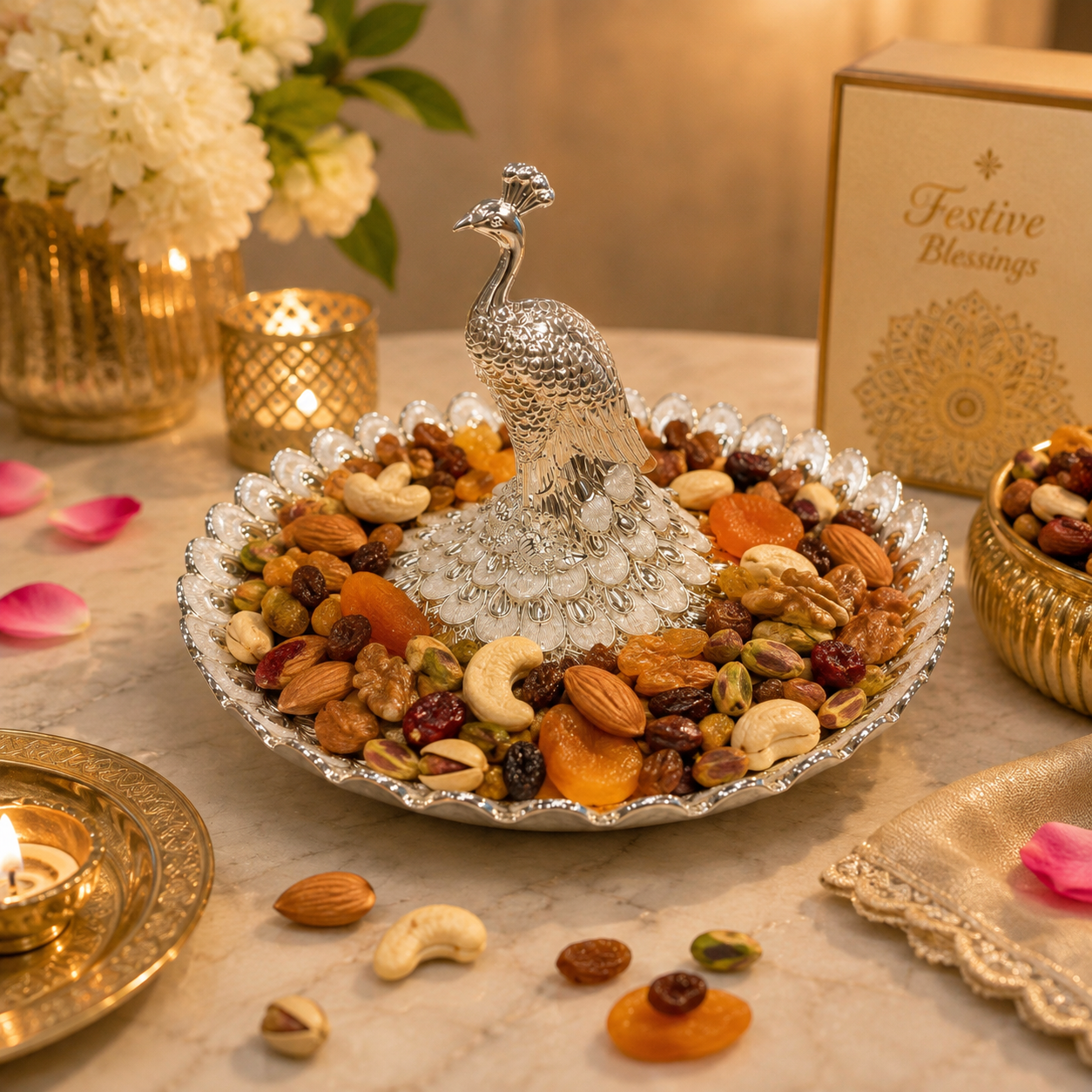 Luxury Silver Peacock Jewellery Organizer Tray | Elegant Centerpiece for Home Décor & Festive Gifting