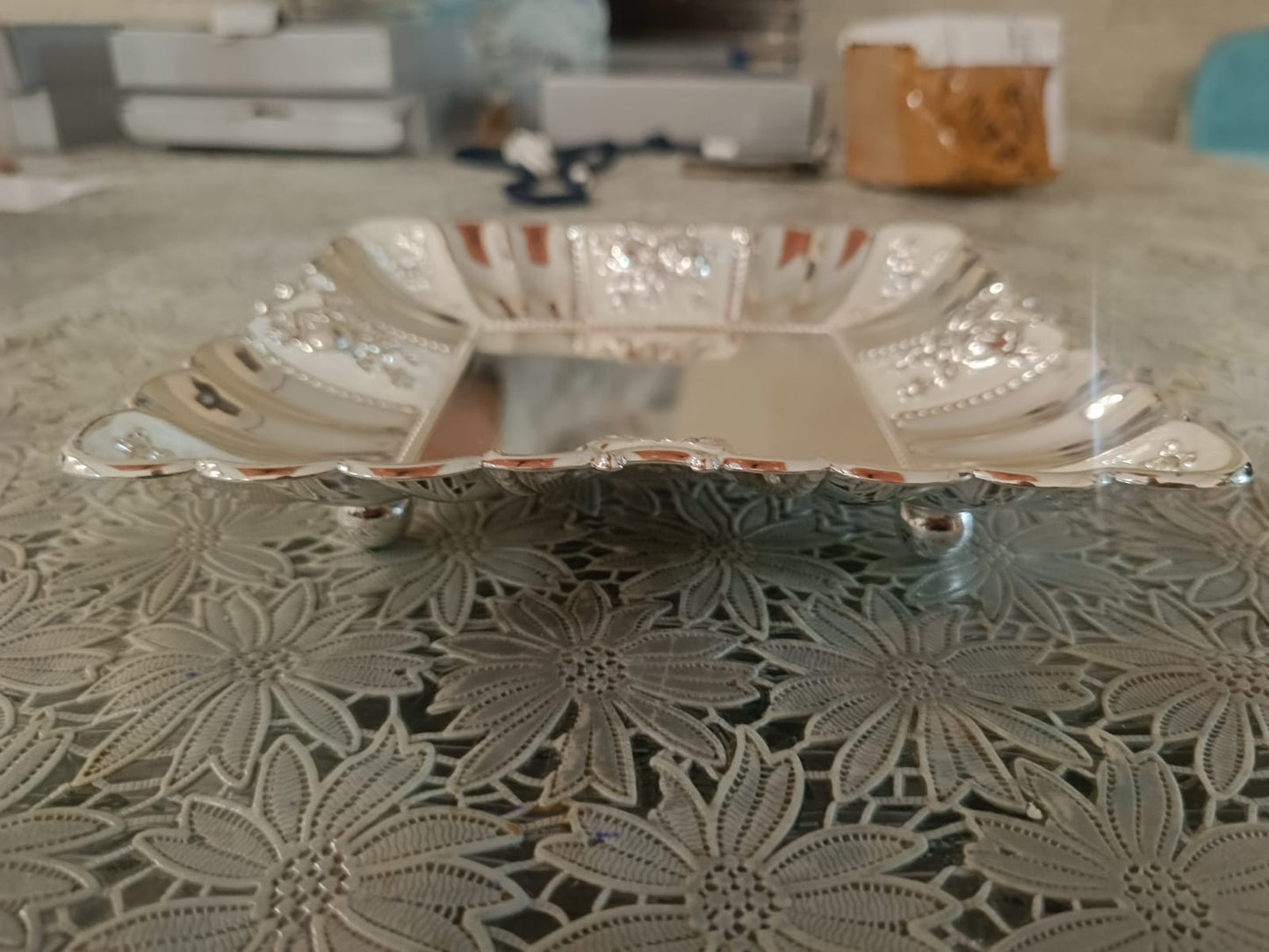 Premium German Silver Meenakari Decorative Tray – Square Serving Tray for Dry Fruits, Pooja & Festive Gifting