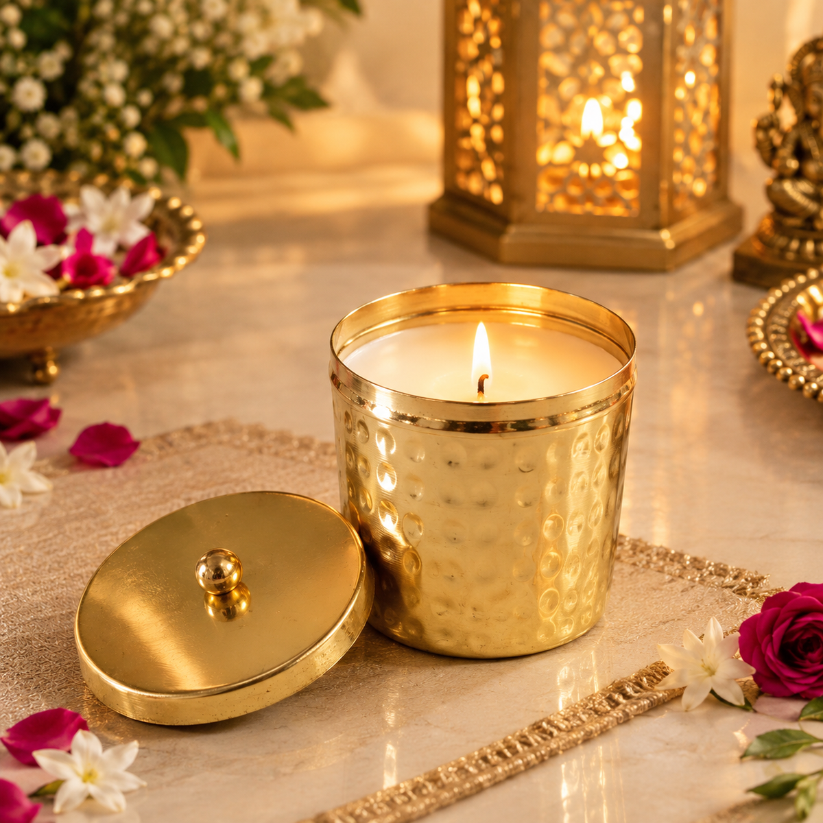 Hammered Brass Jar Candle with Lid | Set of 6 Handcrafted Gold Candles for Diwali Gifting & Festive Decor