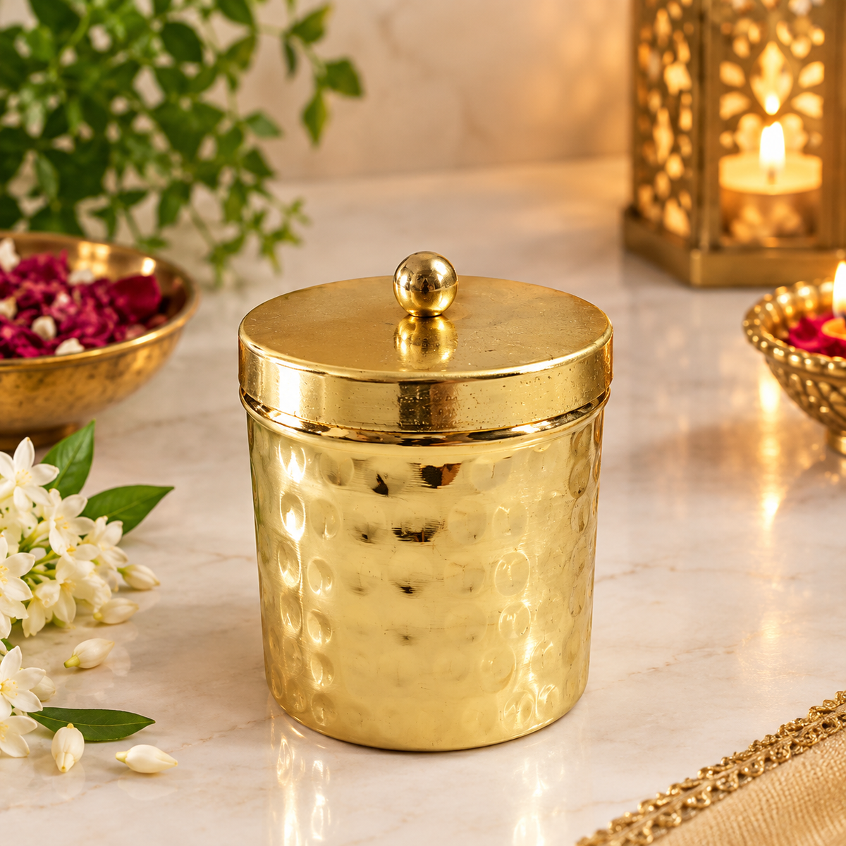 Hammered Brass Jar Candle with Lid | Set of 6 Handcrafted Gold Candles for Diwali Gifting & Festive Decor