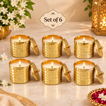 Hammered Brass Jar Candle with Lid | Set of 6 Handcrafted Gold Candles for Diwali Gifting & Festive Decor