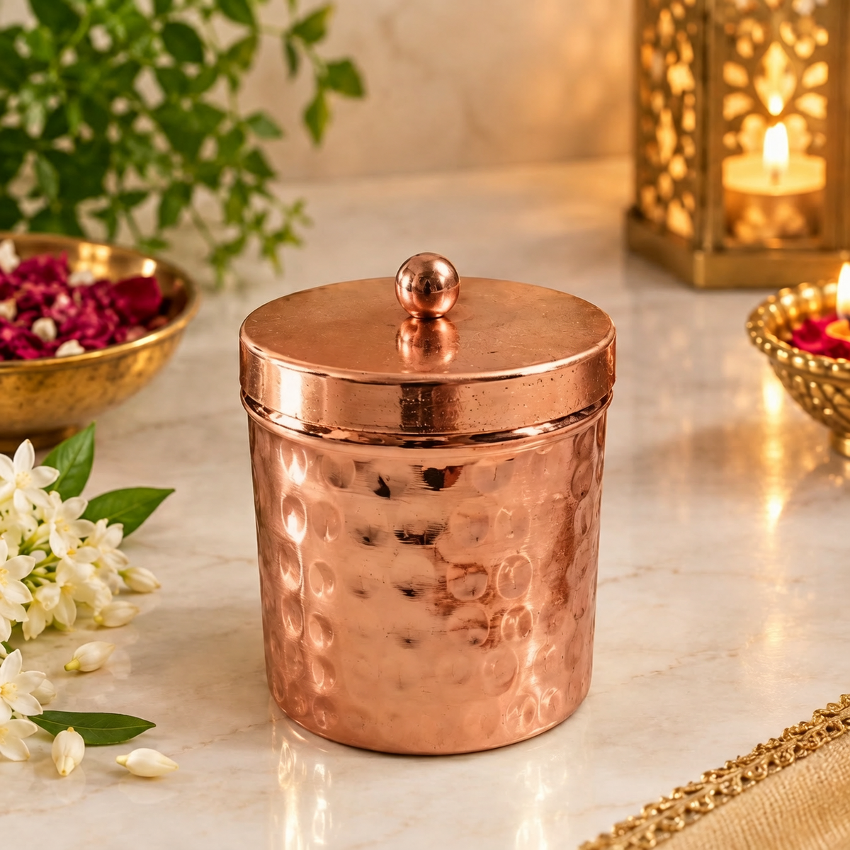 Hammered Brass Jar Candle with Lid | Set of 6 Handcrafted Copper Candles for Diwali Gifting & Festive Decor
