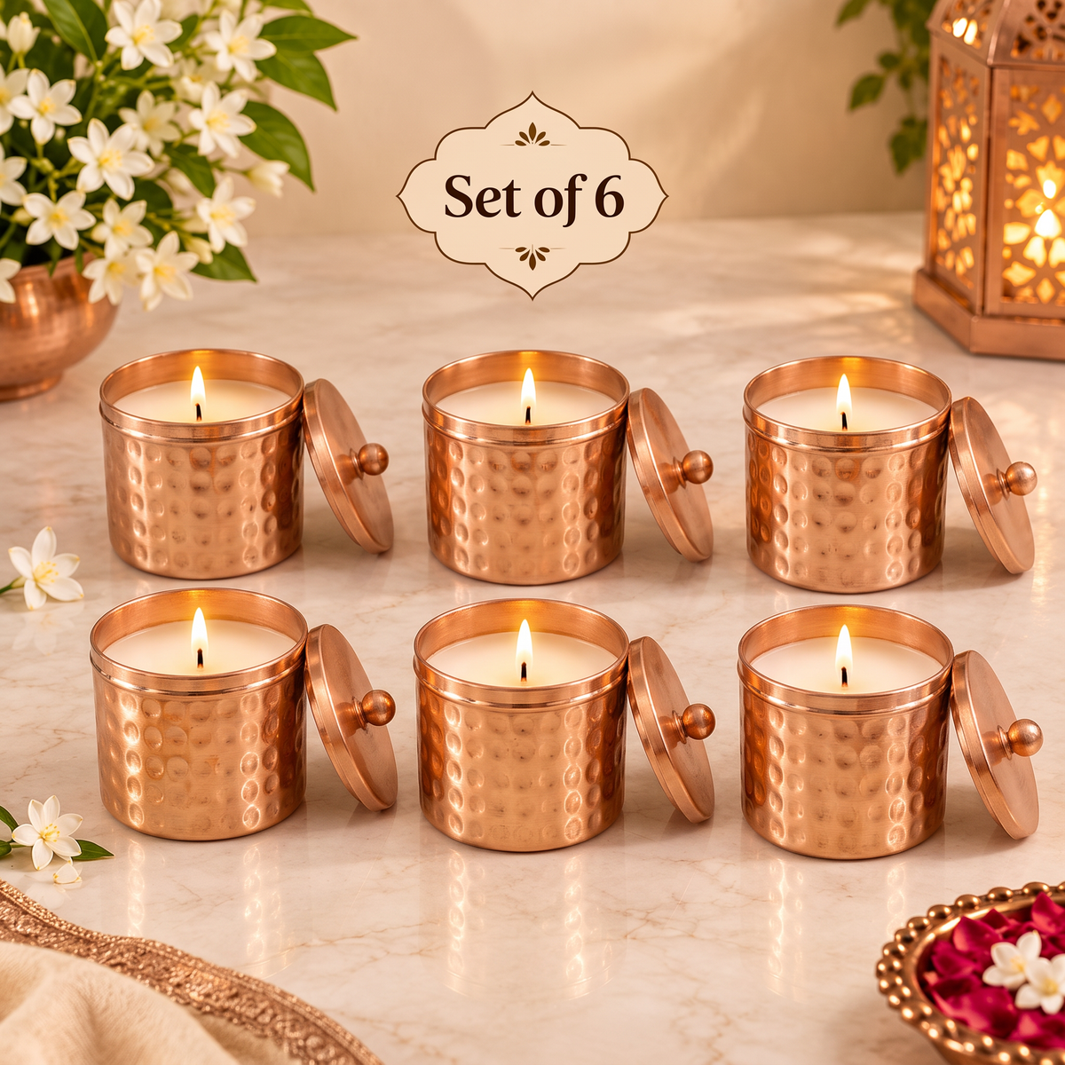 Hammered Brass Jar Candle with Lid | Set of 6 Handcrafted Copper Candles for Diwali Gifting & Festive Decor