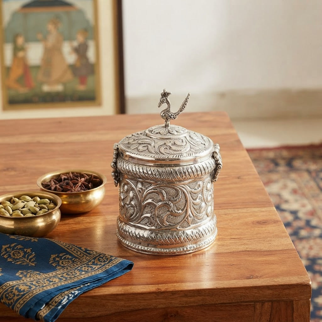 Silver Plated Peacock Knob Lidded Container – Handcrafted Embossed Canister for Dry Fruits, Mithai & Spices