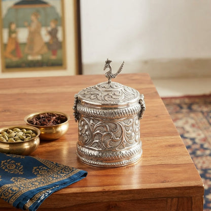 Silver Plated Peacock Knob Lidded Container – Handcrafted Embossed Canister for Dry Fruits, Mithai & Spices
