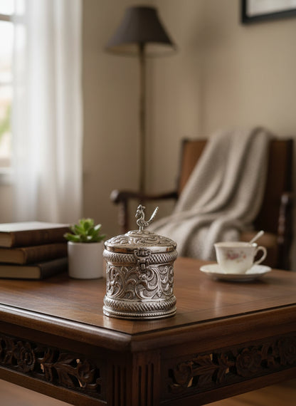 Silver Plated Peacock Knob Lidded Container – Handcrafted Embossed Canister for Dry Fruits, Mithai & Spices