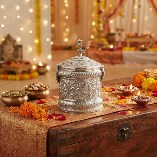 Silver Plated Peacock Knob Lidded Container – Handcrafted Embossed Canister for Dry Fruits, Mithai & Spices