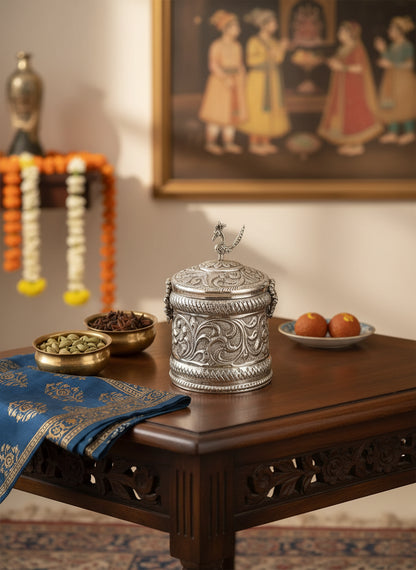 Silver Plated Peacock Knob Lidded Container – Handcrafted Embossed Canister for Dry Fruits, Mithai & Spices