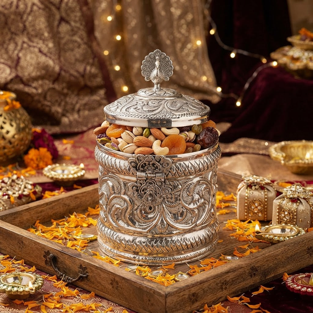 Silver Plated Peacock Knob Lidded Container – Handcrafted Embossed Canister for Dry Fruits, Mithai & Spices