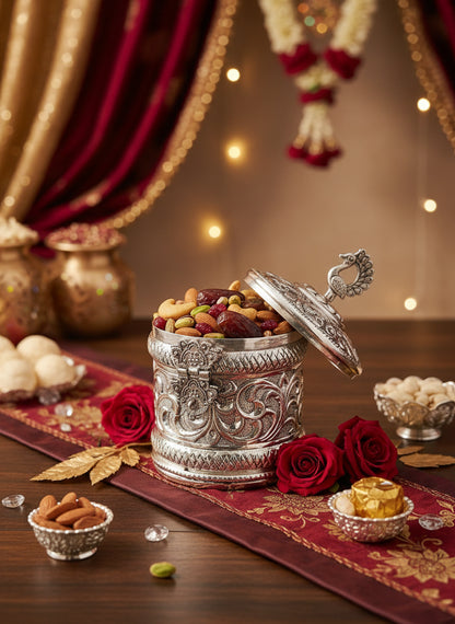 Silver Plated Peacock Knob Lidded Container – Handcrafted Embossed Canister for Dry Fruits, Mithai & Spices