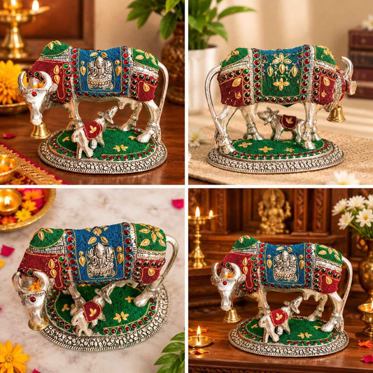 Handcrafted German Silver Cow and Calf Showpiece with Kundan & Meenakari Detailing 9 inch – Auspicious Home Idol