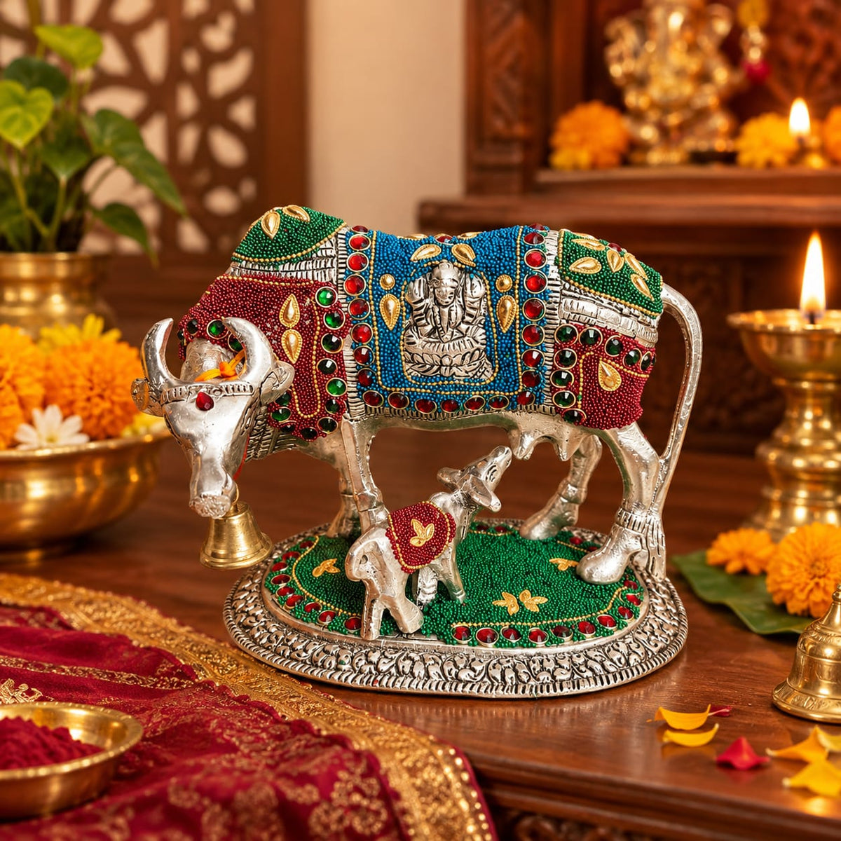 Handcrafted German Silver Cow and Calf Showpiece with Kundan & Meenakari Detailing 9 inch – Auspicious Home Idol