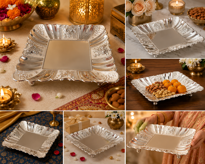 Premium German Silver Meenakari Decorative Tray – Square Serving Tray for Dry Fruits, Pooja & Festive Gifting