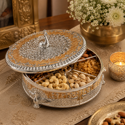 Premium German Silver Round 4 Partition Dry Fruit Box with Hinged Lid | Peacock Design Dry Fruit Serving Box for Gifts & Home Decor