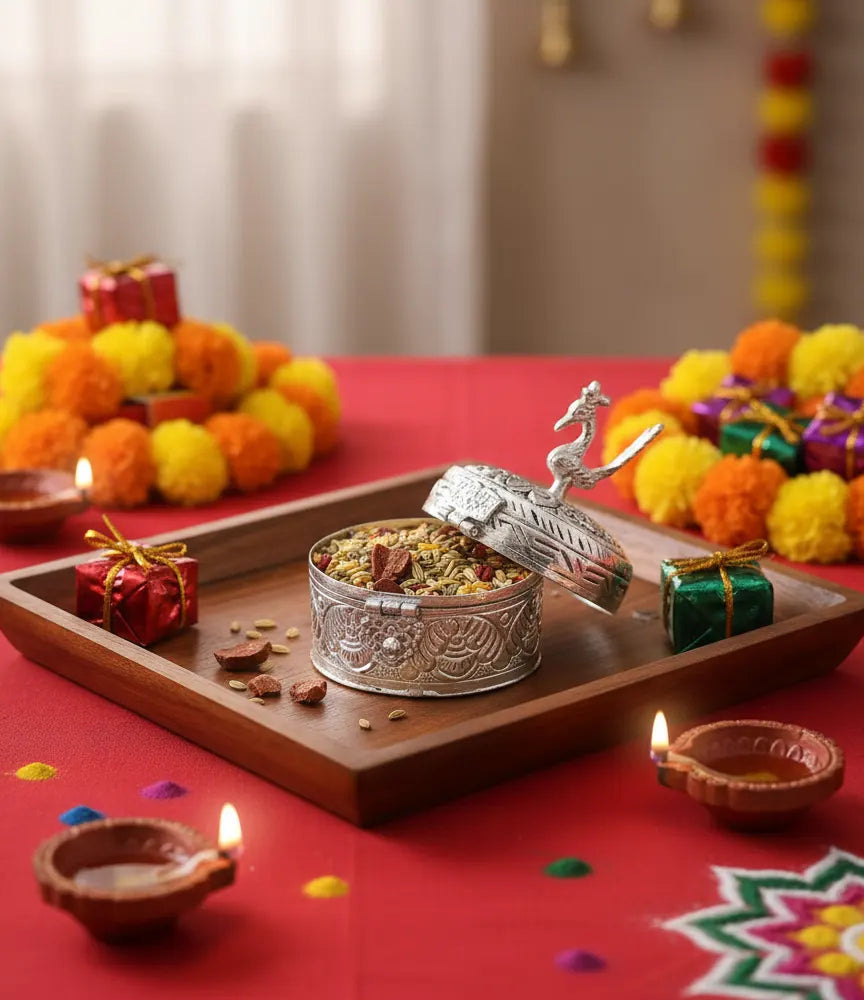 Silver Plated Peacock Knob Mukhwas Dabbi with Spoon – Handcrafted Embossed Small Box for Saunf, Elaichi & Pooja Essentials