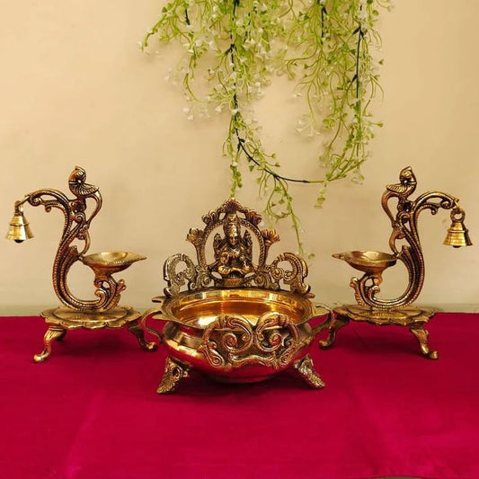 Gold Brass Maa Lakshmi Urli and Peacock Diya Set