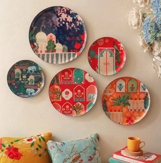 Multicolor Vintage India Hand-painted Wall Plates - Set of 5