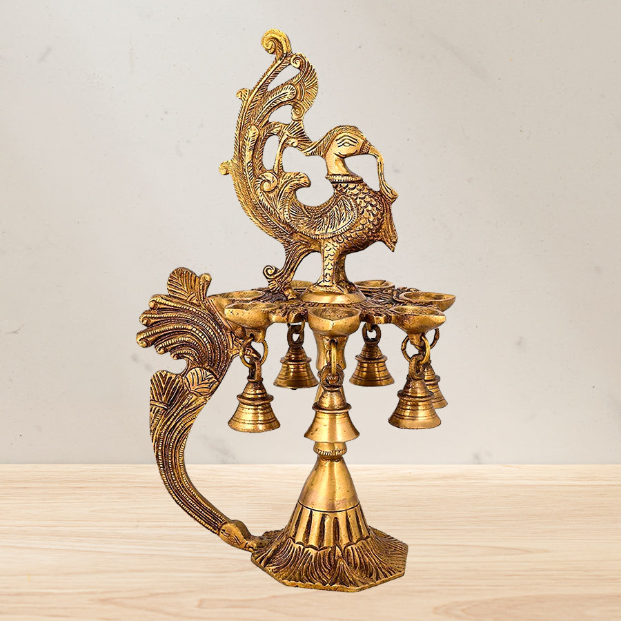 Brass Arti Diya with Handle/Brass Peacock Oil Lamp with Handle and Bells