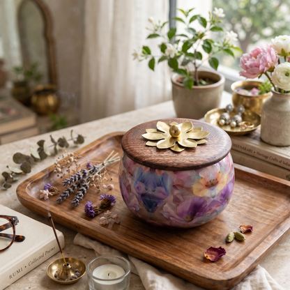 Floral Print Round Storage Jar with Wooden Lid & Brass Flower Knob – Decorative Dry Fruit, Mithai & Masala Container
