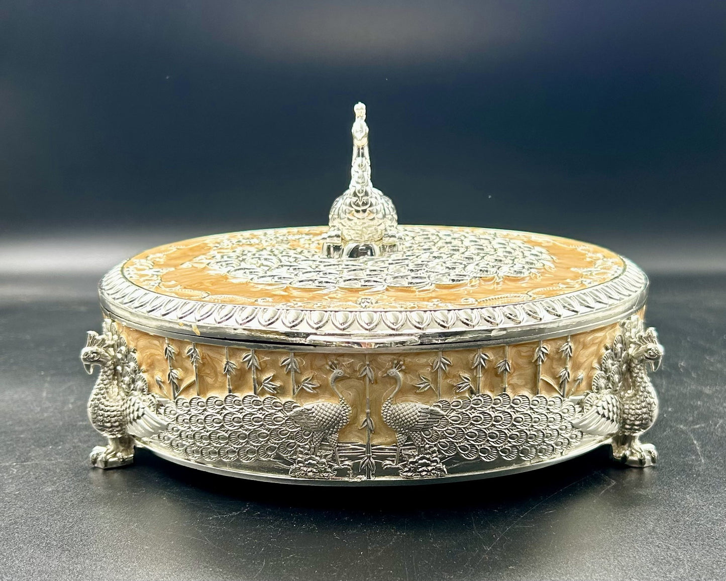 Premium German Silver Round 4 Partition Dry Fruit Box with Hinged Lid | Peacock Design Dry Fruit Serving Box for Gifts & Home Decor