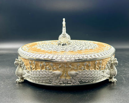 Premium German Silver Round 4 Partition Dry Fruit Box with Hinged Lid | Peacock Design Dry Fruit Serving Box for Gifts & Home Decor