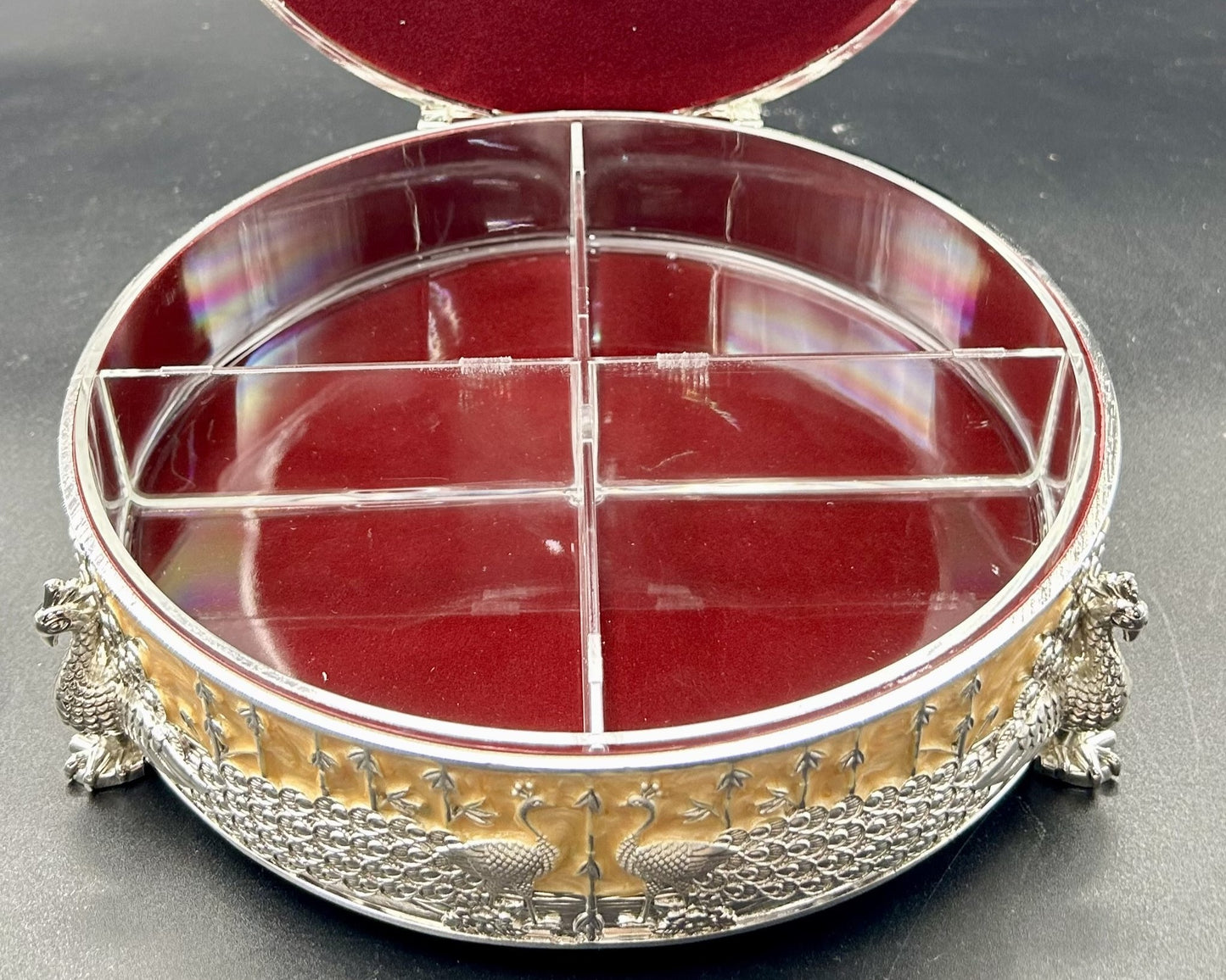 Premium German Silver Round 4 Partition Dry Fruit Box with Hinged Lid | Peacock Design Dry Fruit Serving Box for Gifts & Home Decor