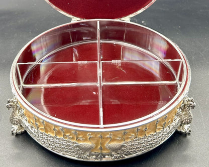 Premium German Silver Round 4 Partition Dry Fruit Box with Hinged Lid | Peacock Design Dry Fruit Serving Box for Gifts & Home Decor
