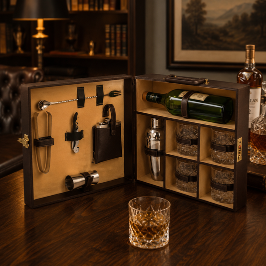 Portable Bar Tools Set - Brown Leatherette - 10 Piece Set with Bottle Storage