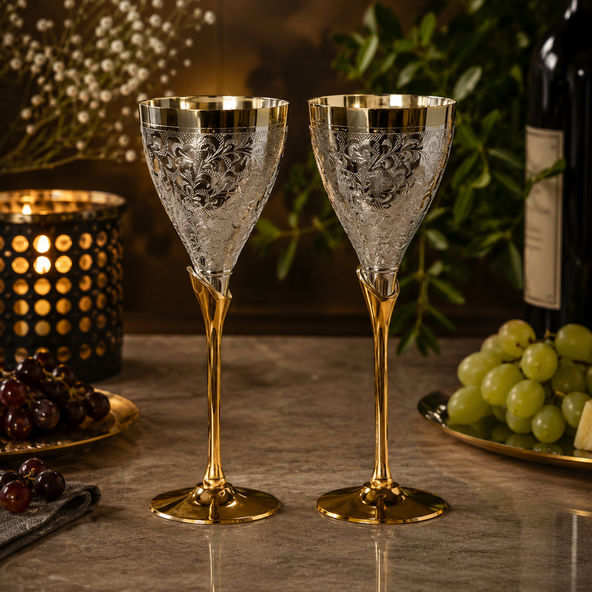 Hand Engraved Brass Wine Glass Set of 2 | Premium Goblets