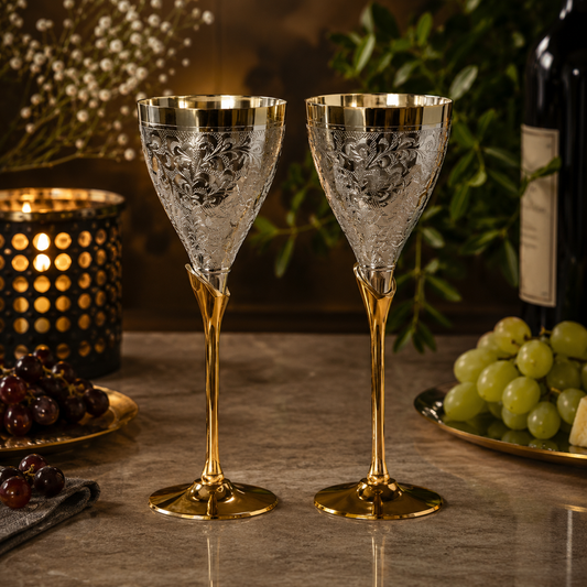 Hand Engraved Brass Wine Glass Set of 2 | Premium Goblets