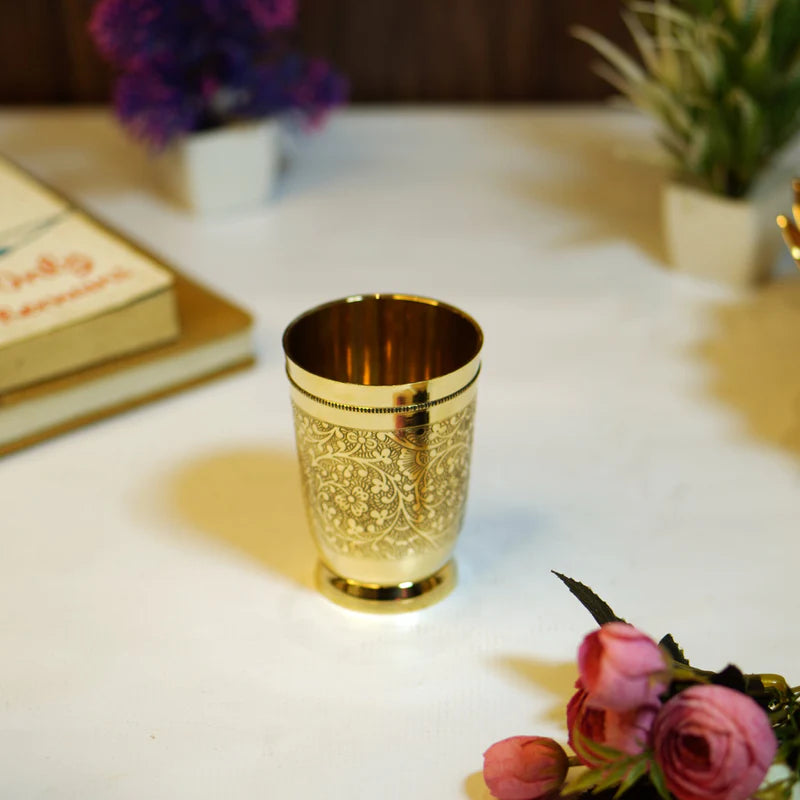 Brass Drinking Glass 250 ml | Floral Engraved Traditional Serving Tumbler for Home, Kitchen & Gifting