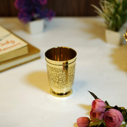 Brass Drinking Glass 250 ml | Floral Engraved Traditional Serving Tumbler for Home, Kitchen & Gifting