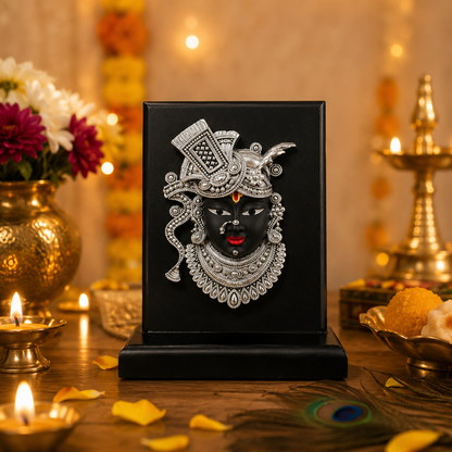 999 Pure Silver Lord ShriNath Ji Idol on Wooden Base for Home & Office