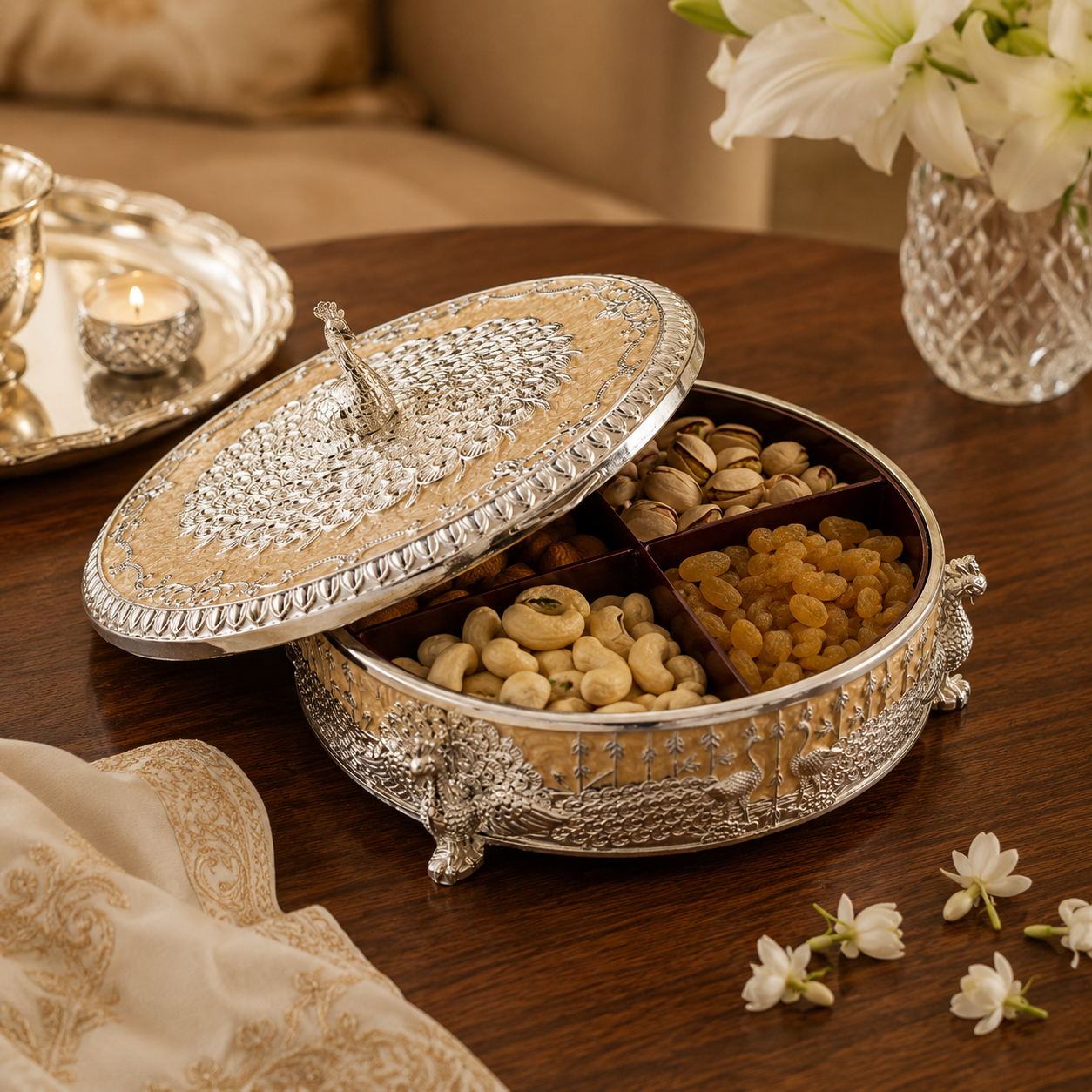 Premium German Silver Round 4 Partition Dry Fruit Box with Hinged Lid | Peacock Design Dry Fruit Serving Box for Gifts & Home Decor