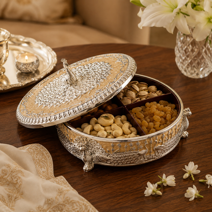 Premium German Silver Round 4 Partition Dry Fruit Box with Hinged Lid | Peacock Design Dry Fruit Serving Box for Gifts & Home Decor