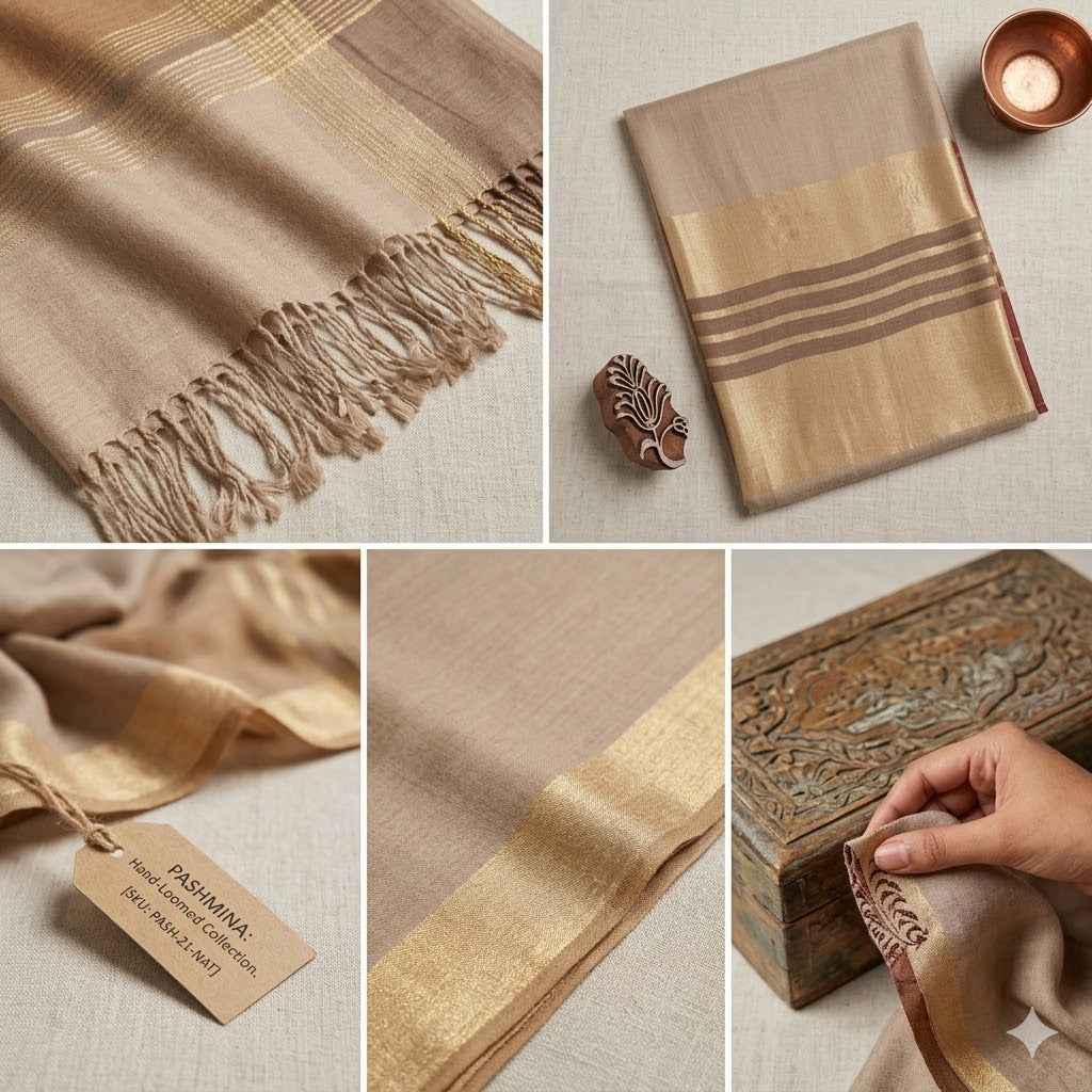 Premium Beige Pashmina Shawl with Golden Zari Border for Women | Soft Luxury Winter Wrap | Elegant Kashmiri Style Stole