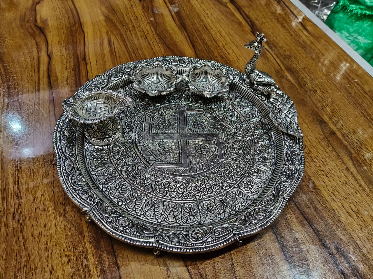 German Silver Peacock Pooja Thali Set | Traditional Designer Puja Thali for Diwali, Festive Worship & Gifting