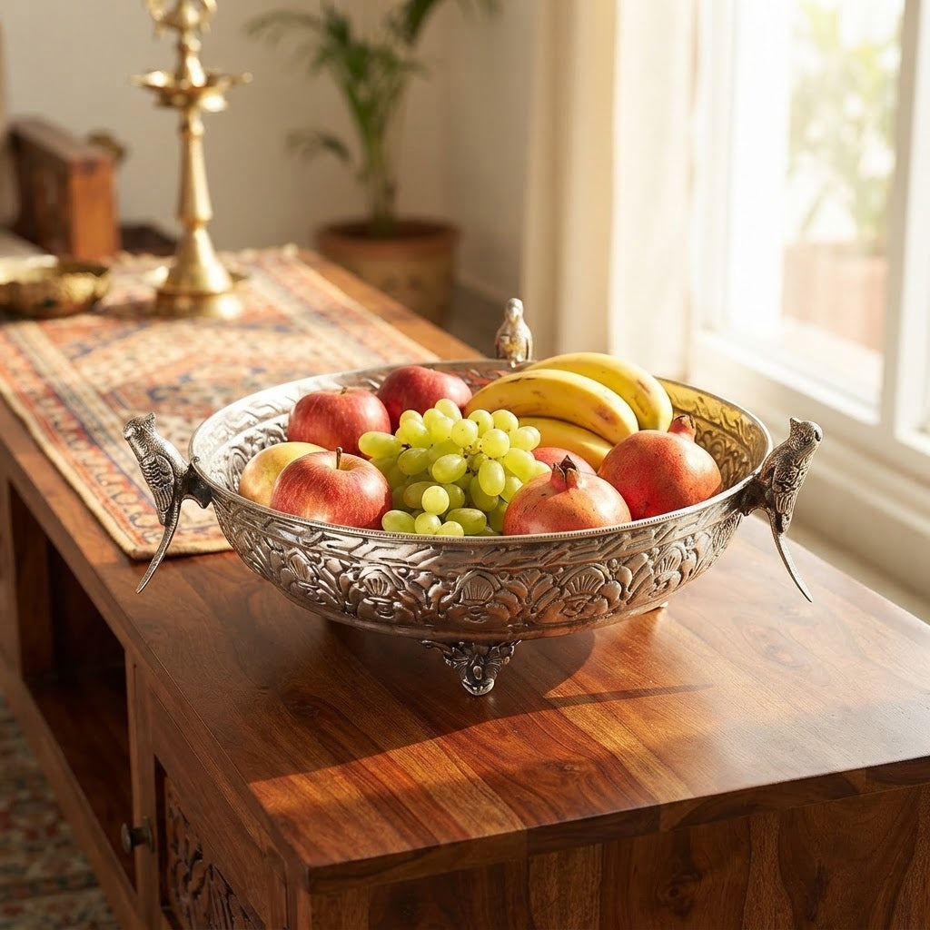 Silver Plated Parrot Handle Fruit Bowl & Urli – Handcrafted Embossed Footed Bowl for Floating Flowers, Diyas & Table Decor