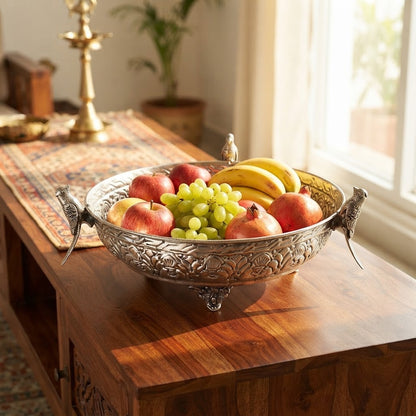 Silver Plated Parrot Handle Fruit Bowl & Urli – Handcrafted Embossed Footed Bowl for Floating Flowers, Diyas & Table Decor