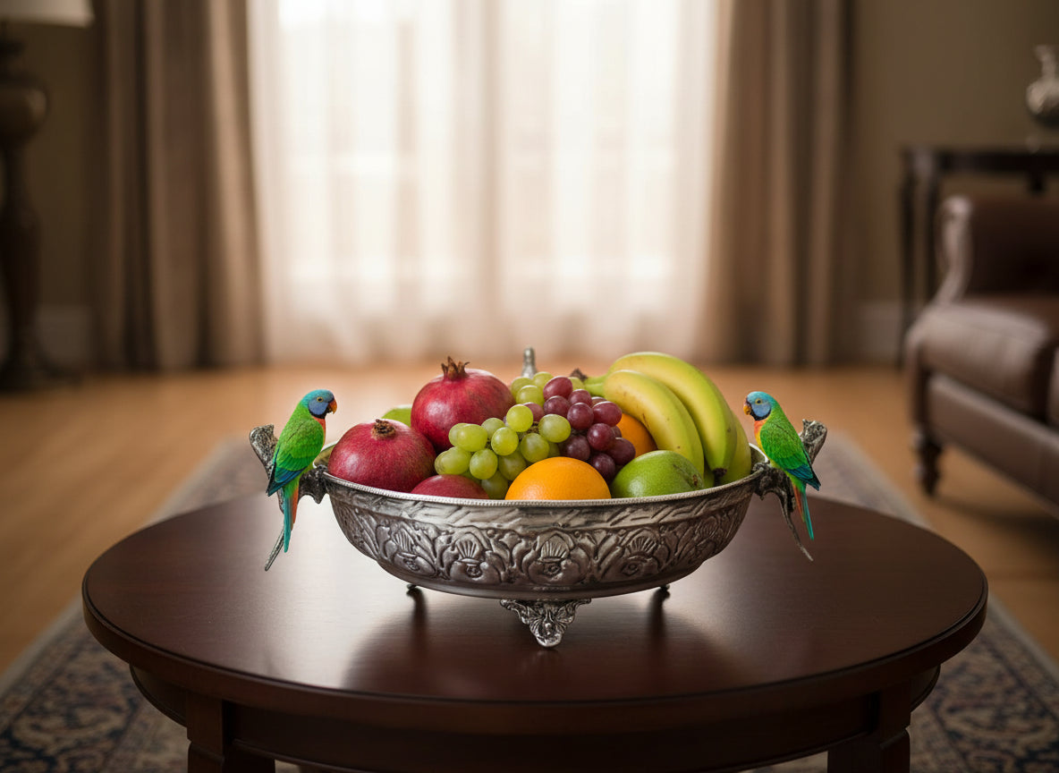 Silver Plated Parrot Handle Fruit Bowl & Urli – Handcrafted Embossed Footed Bowl for Floating Flowers, Diyas & Table Decor
